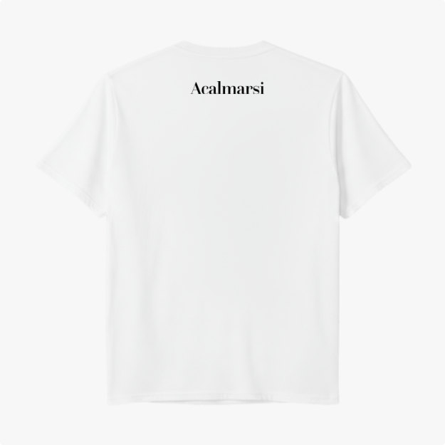 Camiseta com estampa frontal de mãos envolvendo a palavra "AUTISMO" e a frase "Ser diferente é normal" e estampa traseira de texto "Acalmarsi".