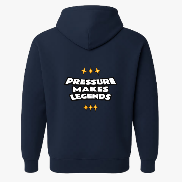 Moletom com estampa traseira de texto centralizado "Pressure Makes Legends" rodeado por três símbolos de estrela acima e abaixo do texto.