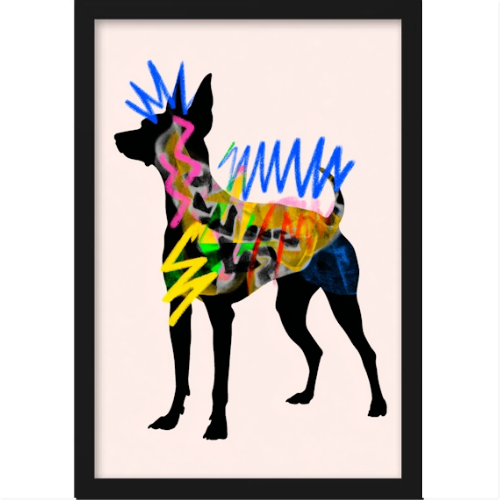 Quadro com estampa de silhueta de cachorro preenchida com padrões ondulados em cores vibrantes, incluindo azuis, amarelos, rosas e verdes.