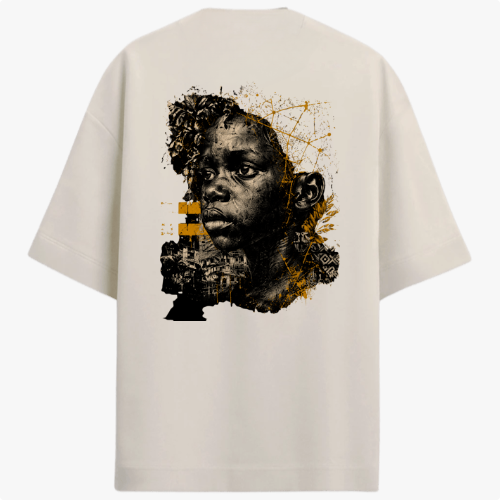 Camiseta com estampa frontal de pequeno logotipo minimalista e estampa traseira de ilustração artística de rosto masculino entrelaçado com elementos geométricos e tribais.