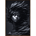 Quadro com estampa frontal de retrato artístico de uma mulher, em estilo monocromático, adornada com folhas estilizadas ao redor da cabeça e ombros.