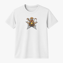 Camiseta com estampa frontal de um cachorro vestido como motociclista segurando guidões, emergindo de uma estrela de cinco pontas com design gráfico detalhado.