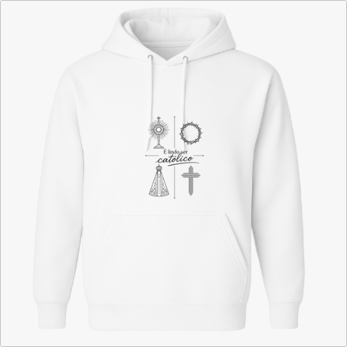 Moletom com estampa frontal de elementos religiosos incluindo um ostensório, coroa de espinhos, cruz e Nossa Senhora, e estampa traseira de logotipo com coroa.