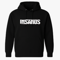 Moletom com estampa frontal de texto estilizado em negrito com a palavra "INSANOS" centralizada e sublinhada por duas linhas paralelas.
