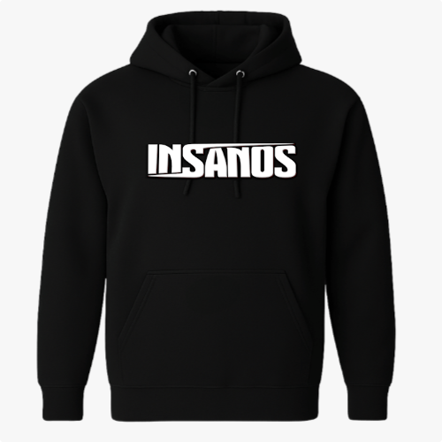 Moletom com estampa frontal de texto estilizado em negrito com a palavra "INSANOS" centralizada e sublinhada por duas linhas paralelas.