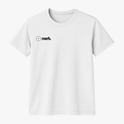 Camiseta com estampa frontal de logotipo estilizado incluindo texto "merk." e estampa traseira de interseção de dois círculos com textos "vesica piscis." e "ventre do universo".