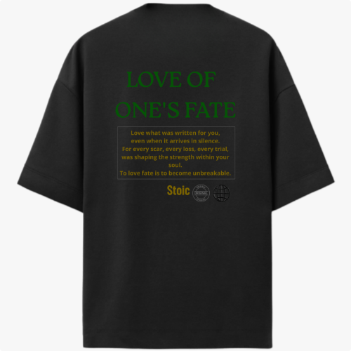 Camiseta com estampa frontal de "Stoic" no peito e estampa traseira com o texto "Love of One's Fate", acompanhada de parágrafo reflexivo e símbolos.