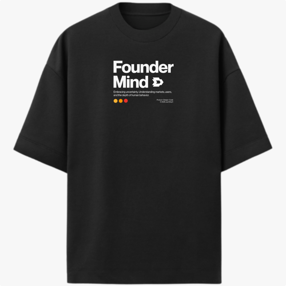 Camiseta com estampa frontal de texto "Founder Mind" seguido por mensagem motivacional e ícones circulares em sequência logo abaixo.