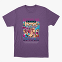 Camiseta com estampa frontal de ilustração em estilo anime, apresentando personagem com pose dinâmica, letras coloridas acima e inscrições japonesas abaixo.