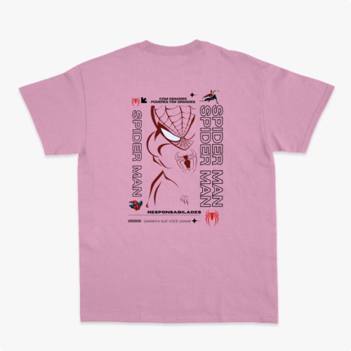 Camiseta com estampa frontal de aranha estilizada de linhas finas e estampa traseira de rosto delineado com texto e referências icônicas.
