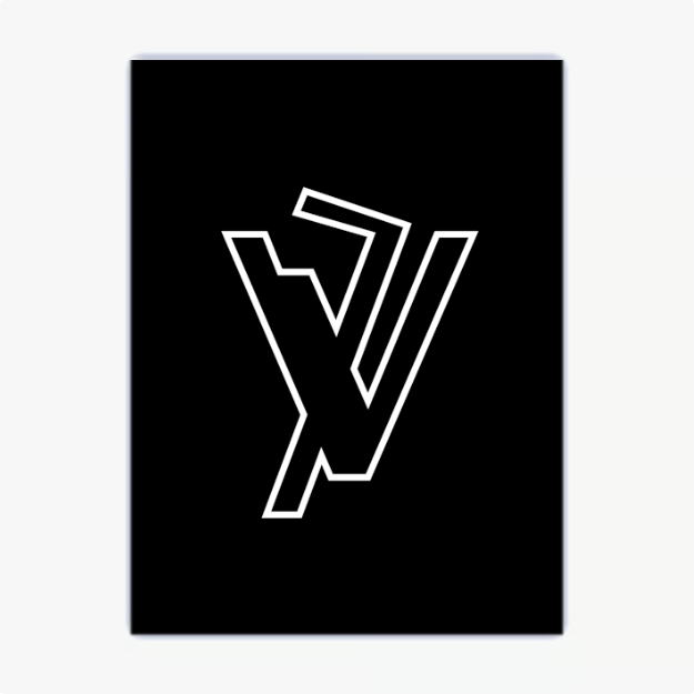 Quadro com estampa de um design geométrico estilizado composto por linhas que formam um emblema com aparência de letras entrelaçadas.