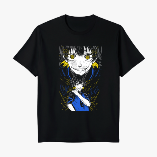 Camiseta com estampa frontal de duas figuras em estilo mangá, com destaque para olhos expressivos, acompanhados de traços dinâmicos e detalhes ilustrativos.