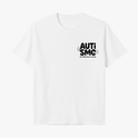 Camiseta com estampa frontal de "AUTISMO" acompanhado de mãos e frase "Ser diferente é normal" e estampa traseira de peças de quebra-cabeça com "O QUE NOS CONECTA É O amor".