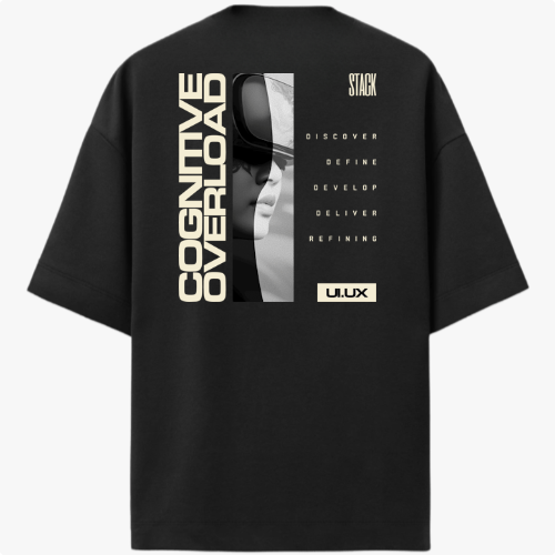 Camiseta com estampa frontal de logotipo vertical minimalista e estampa traseira de texto "Cognitive Overload", imagem digital de rosto e elementos textuais.