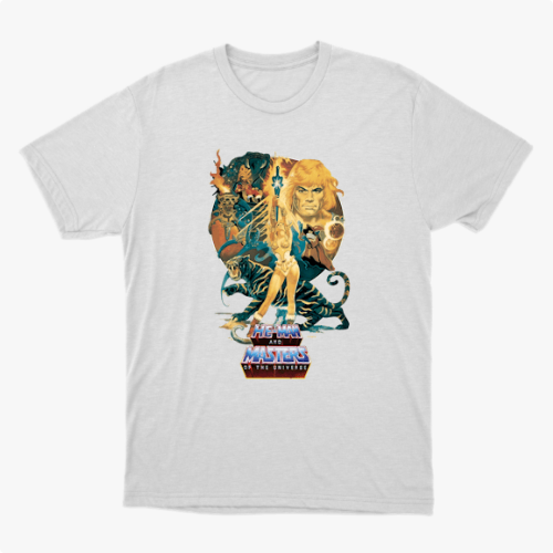 Camiseta com estampa frontal de personagem central empunhando espada, com tigre e figuras heroicas ao fundo, acompanhadas de um logotipo estilizado.