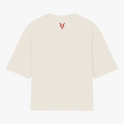 Camiseta com estampa frontal de texto estilizado "EU ♥ TRANSMASCS" com símbolo centralizado de coração e flechas e estampa traseira de símbolo minimalista.
