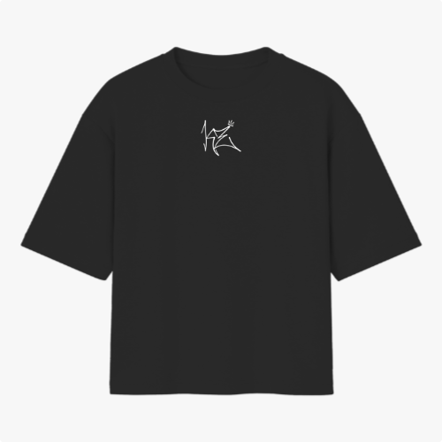 Camiseta com estampa frontal de desenho estilizado minimalista e estampa traseira de dado vermelho flutuante cercado por fumaça sinuosa.