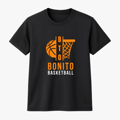 Camiseta com estampa frontal de uma bola de basquete próxima a um aro de cesta, com palavras estilizadas formando "Bonito Basketball".