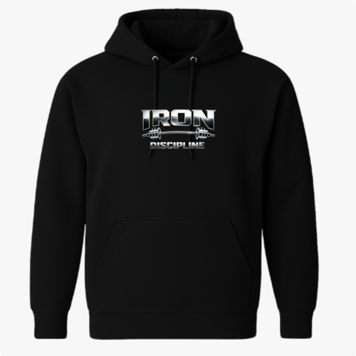 Moletom com estampa frontal de letras metálicas destacando "IRON" com uma barra de halteres entre elas e abaixo a palavra "DISCIPLINE" em estilo robusto.