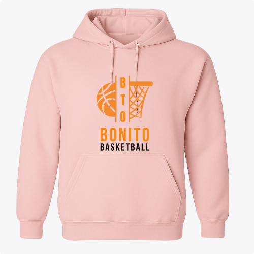 Moletom com estampa frontal de uma bola de basquete com linhas estilizadas ao lado de uma cesta, acompanhada das palavras "BTO BONITO BASKETBALL".