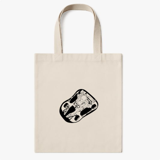 Ecobag com estampa frontal de astronauta flutuando dentro de uma cápsula espacial, rodeado por instrumentos, em um design estilizado e moderno.
