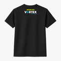 Camiseta com estampa frontal de texto estilizado "FEEL THE VORTEX!" e logo geométrico; estampa traseira de texto "BOTUVA 2026 VORTEX 4 WAY TEAM" com ícone gráfico.