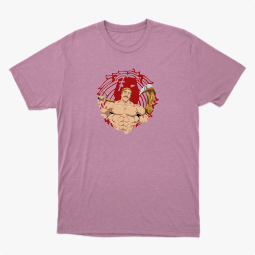Camiseta com estampa frontal de guerreiro musculoso segurando uma arma sobre fundo circular e estampa traseira de personagem em pose poderosa com texto.