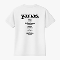 Camiseta com estampa frontal de "ahimsa não violência" e estampa traseira de "yamas" seguida por termos como "satya, brahmacharya, ahimsa, asteya, aparigraha".