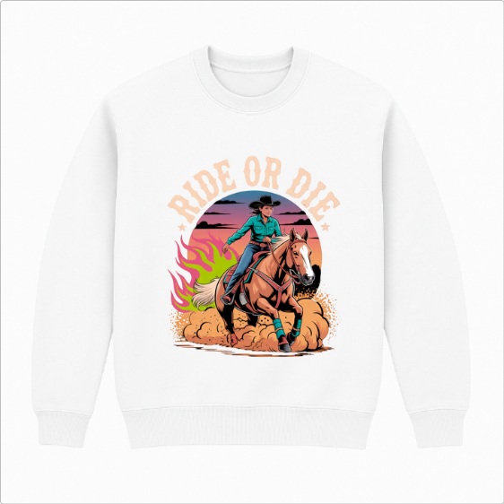 Moletom com estampa frontal de cavaleiro montando cavalo em pose dinâmica, cercado por nuvens de poeira e chamas, sob texto "RIDE OR DIE" com estrelas.