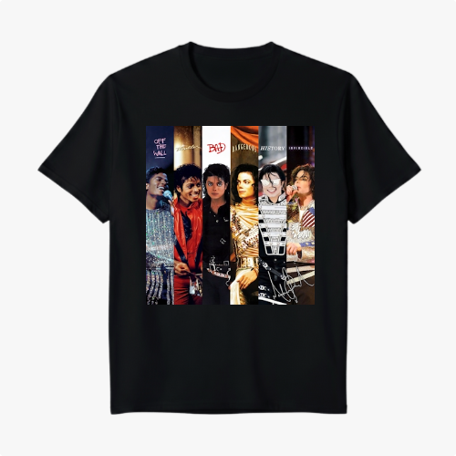 Camiseta com estampa frontal de montagens de diferentes álbuns de um famoso artista musical, com colagem de capas e retratos icônicos de várias fases.
