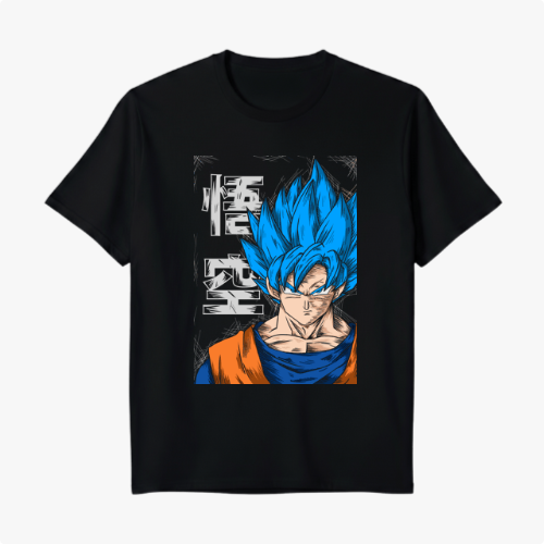 Camiseta com estampa frontal de personagem de anime com cabelo espetado em azul vibrante, cercado por caracteres estilizados em traços dinâmicos.