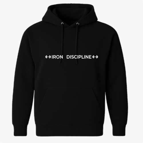 Moletom com estampa frontal de duas hastes de halteres em torno das palavras "IRON DISCIPLINE" em um estilo tipográfico clean e direto.