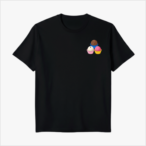 Camiseta com estampa frontal de quatro cupcakes decorados, cada um com confeitos e formatos variados, dispostos em um arranjo triangular encantador.