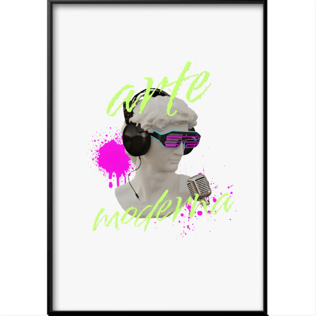 Quadro com estampa frontal de busto clássico usando fones de ouvido e óculos modernos, acompanhado de microfone, respingos de tinta e texto "arte moderna".
