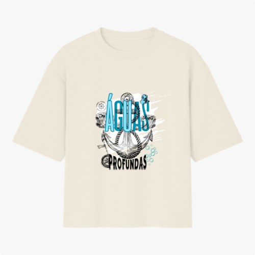 Camiseta com estampa frontal de texto "ÁGUAS PROFUNDAS" com âncora e elementos marítimos, e estampa traseira com pequeno logotipo "HOPE" estilizado.