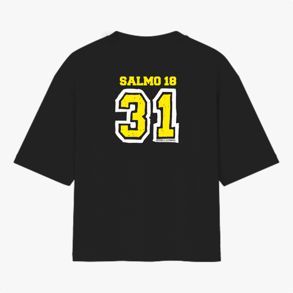 Camiseta com estampa frontal de "SALMO 18" e número "31" em estilo esportivo e estampa traseira idêntica, com lettering e numeração destacados.