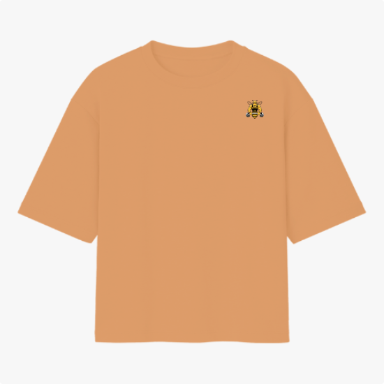 Camiseta com estampa frontal de um pequeno símbolo de leão com coroa e estampa traseira de asas estilizadas com a palavra "Blessed" e auréola acima.