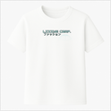 Camiseta com estampa frontal de texto "Lizzye Corp." seguido por caracteres japoneses, acompanhados de um gráfico de linhas formando uma semi-esfera futurista.