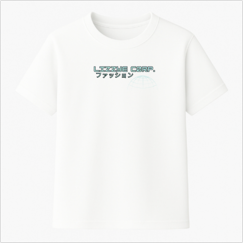 Camiseta com estampa frontal de texto "Lizzye Corp." seguido por caracteres japoneses, acompanhados de um gráfico de linhas formando uma semi-esfera futurista.