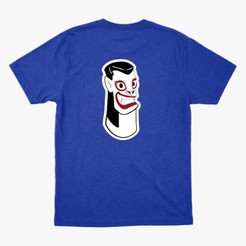 Camiseta com estampa frontal de letras estilizadas "Carranca & Labs" e estampa traseira de um desenho gráfico de figura caricata com expressão marcante.