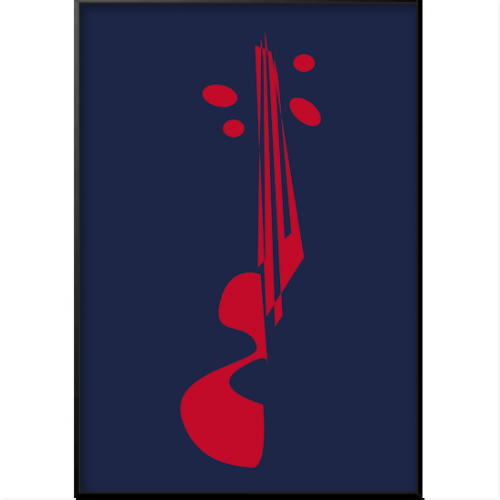 Quadro com estampa artística de um violino estilizado em traços verticais com três formas ovais dispersas, criando uma composição moderna e abstrata.