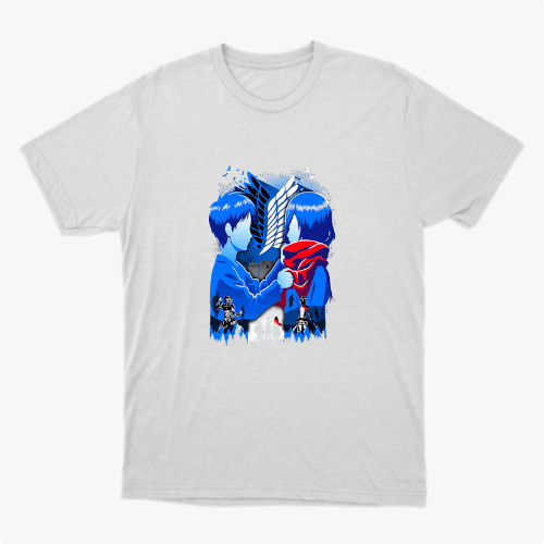 Camiseta com estampa frontal de duas figuras de perfil, uma com cachecol, enquadradas por um emblema, com silhuetas de várias pessoas ao fundo.