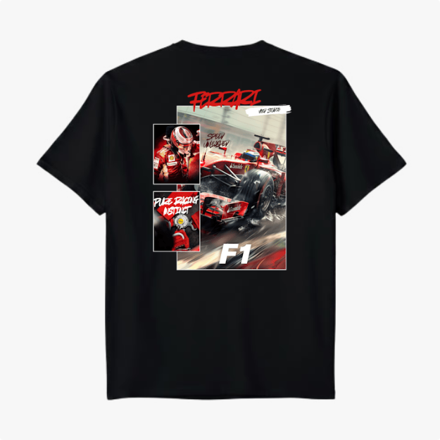 Camiseta com estampa traseira de corrida de F1, incluindo piloto, carro em alta velocidade, logotipo da Ferrari e textos "Speed Master" e "Pure Racing Instinct".