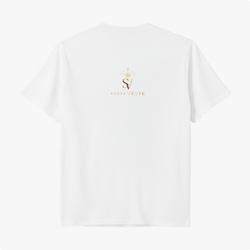 Camiseta com estampa frontal de texto "Eu falho, o meu DEUS não." e estampa traseira com logotipo estilizado, incluindo um emblema de cruz e coroa acima de "Santa Veste".