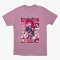 Camiseta com estampa frontal de personagens de anime em poses dinâmicas, cercados por quadrados com retratos menores e textos estilizados japoneses.