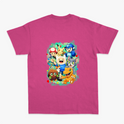 Camiseta com estampa frontal de uma inicial estilizada e estampa traseira com vários personagens icônicos de jogos e animações em um agrupamento vibrante.