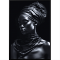 Quadro com estampa frontal de retrato em estilo fotográfico, apresentando detalhe de turbante em tecido com textura suave e brilho sutil sobre superfície metálica.