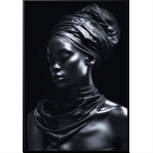 Quadro com estampa frontal de retrato em estilo fotográfico, apresentando detalhe de turbante em tecido com textura suave e brilho sutil sobre superfície metálica.