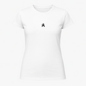 Camiseta com estampa frontal de um símbolo gráfico centralizado, apresentando uma forma estilizada com elementos curvos e detalhes em linhas finas.