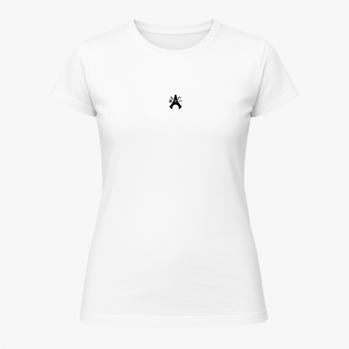 Camiseta com estampa frontal de um símbolo gráfico centralizado, apresentando uma forma estilizada com elementos curvos e detalhes em linhas finas.